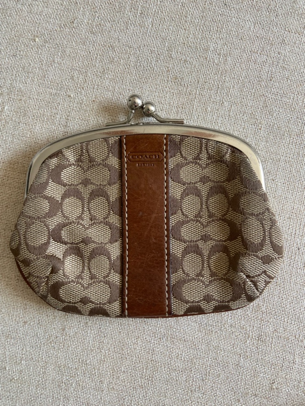 Coach Taupe and Brown Signature Coin Purse with Kiss-Lock